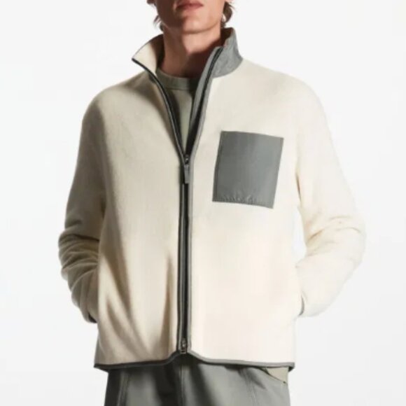 COS Relaxed Fleece Zip Ivory w/ Grey Trim & Chest Pocket Jacket Size L - Picture 1 of 10